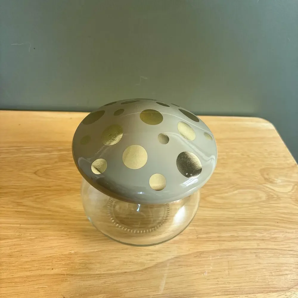 Mushroom Shape Glass Storage Jar with Gray Gold Polka Dot Lid Cottagecore